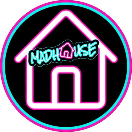 pink pig print  madhouse round logo
