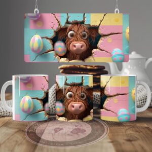pink pig print  highland cow easter theme 3d mug