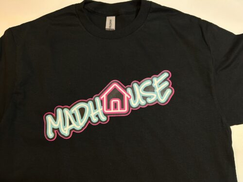 pink pig print  madhouse clipstone headstocks t shirt front