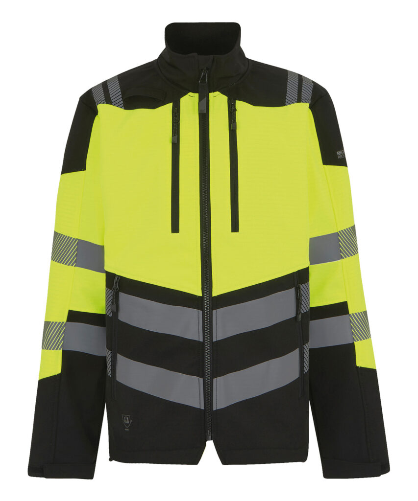 ppp_rg47804   pink pig print  hi vis x pro 3 layer softshell jacket class 2 yellow front front